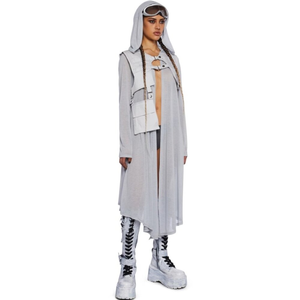 Unisex NWT Club Exx Gray Hooded Long Semi-Sheer Cardigan & Cargo Vest Set